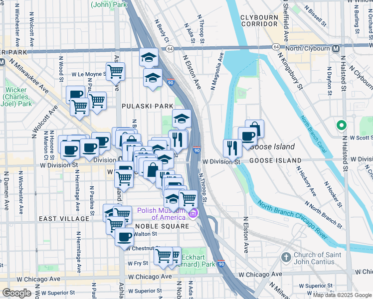 map of restaurants, bars, coffee shops, grocery stores, and more near 1363 West Crystal Street in Chicago