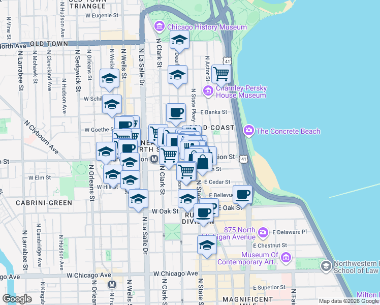 map of restaurants, bars, coffee shops, grocery stores, and more near 1206 North State Parkway in Chicago