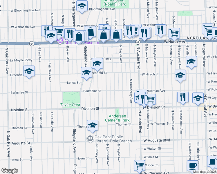 map of restaurants, bars, coffee shops, grocery stores, and more near 1000 North Lombard Avenue in Oak Park