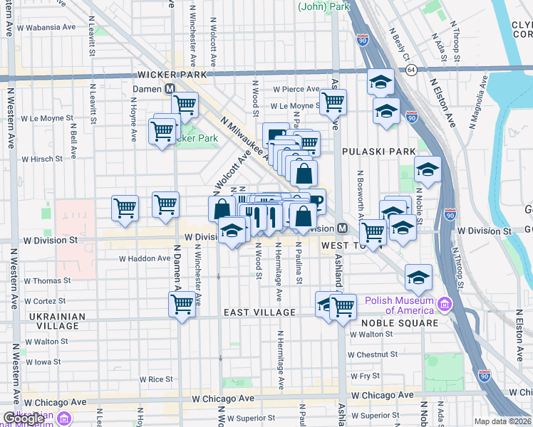map of restaurants, bars, coffee shops, grocery stores, and more near in Chicago