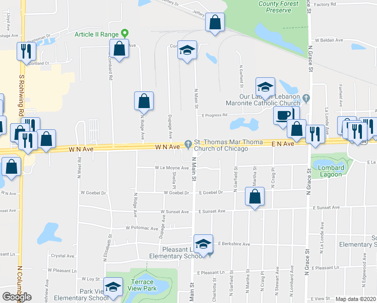 map of restaurants, bars, coffee shops, grocery stores, and more near 710 North Main Street in Lombard