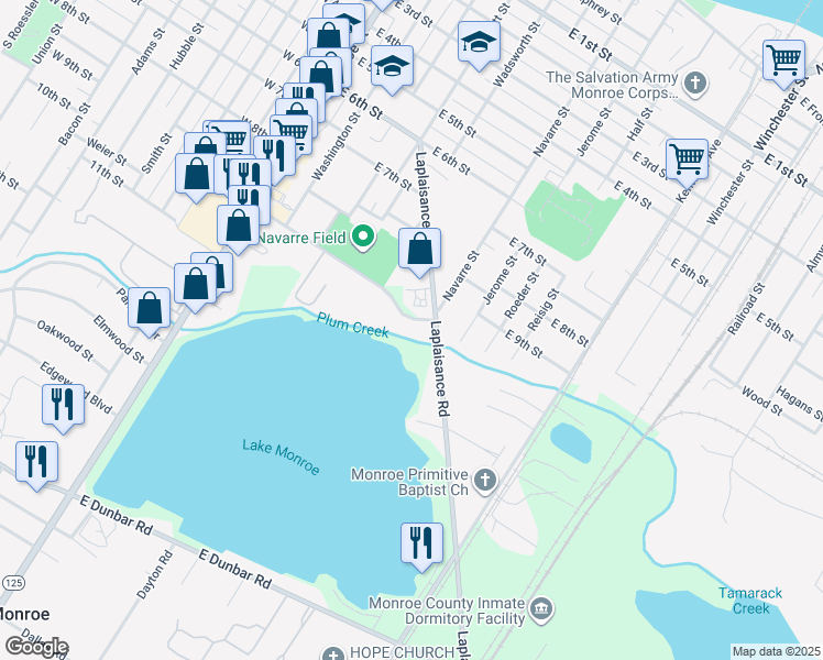 map of restaurants, bars, coffee shops, grocery stores, and more near 400 Jones Avenue in Monroe