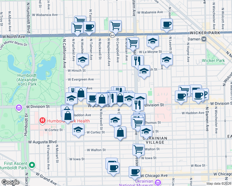 map of restaurants, bars, coffee shops, grocery stores, and more near 1232 North Campbell Avenue in Chicago