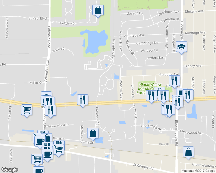 map of restaurants, bars, coffee shops, grocery stores, and more near 1242 Fordham Drive in Glendale Heights