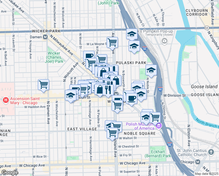 map of restaurants, bars, coffee shops, grocery stores, and more near 1239 West Montana Street in Chicago