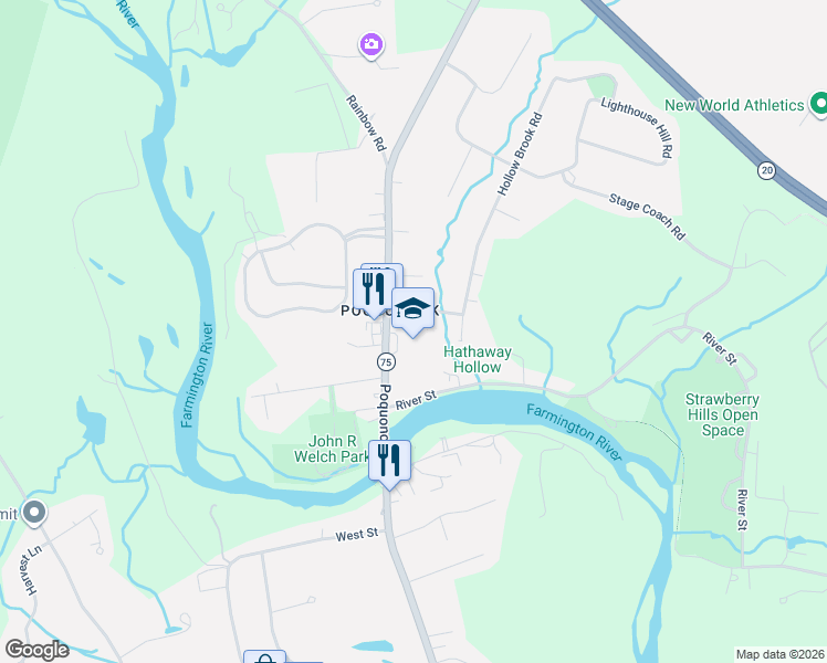 map of restaurants, bars, coffee shops, grocery stores, and more near 1760 Poquonock Avenue in Windsor