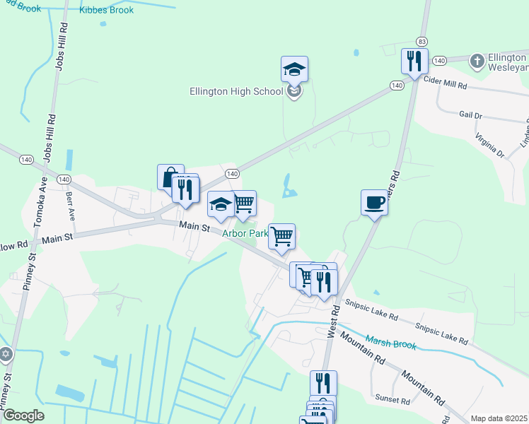 map of restaurants, bars, coffee shops, grocery stores, and more near 37 Arbor Way in Ellington