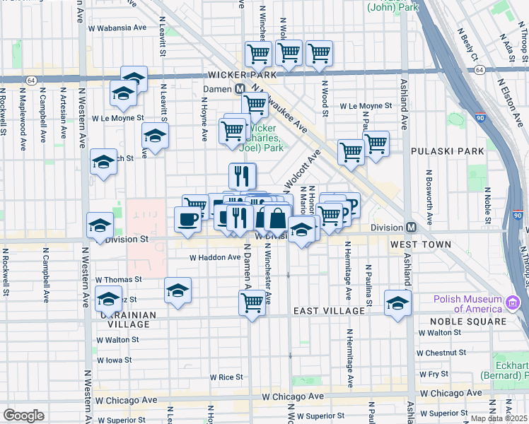 map of restaurants, bars, coffee shops, grocery stores, and more near 1936 West Crystal Street in Chicago