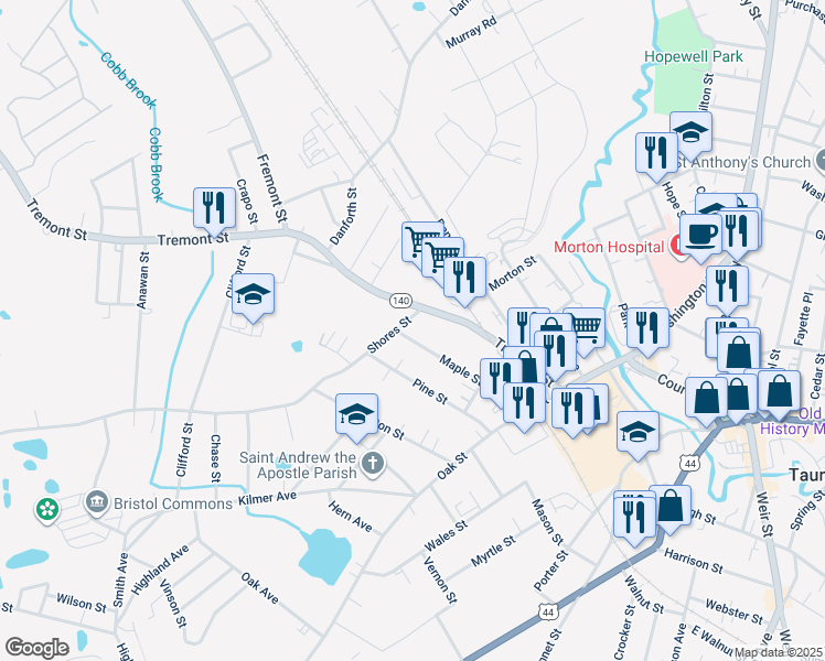 map of restaurants, bars, coffee shops, grocery stores, and more near 35 Maple Street in Taunton