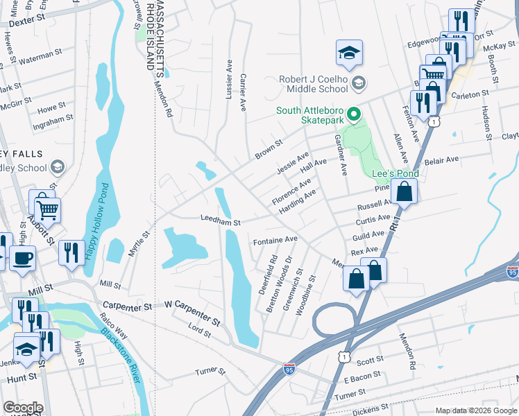 map of restaurants, bars, coffee shops, grocery stores, and more near in Attleboro
