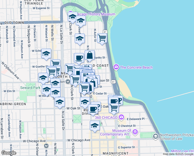 map of restaurants, bars, coffee shops, grocery stores, and more near 102 East Division Street in Chicago