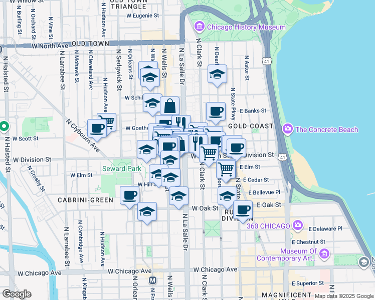 map of restaurants, bars, coffee shops, grocery stores, and more near in Chicago