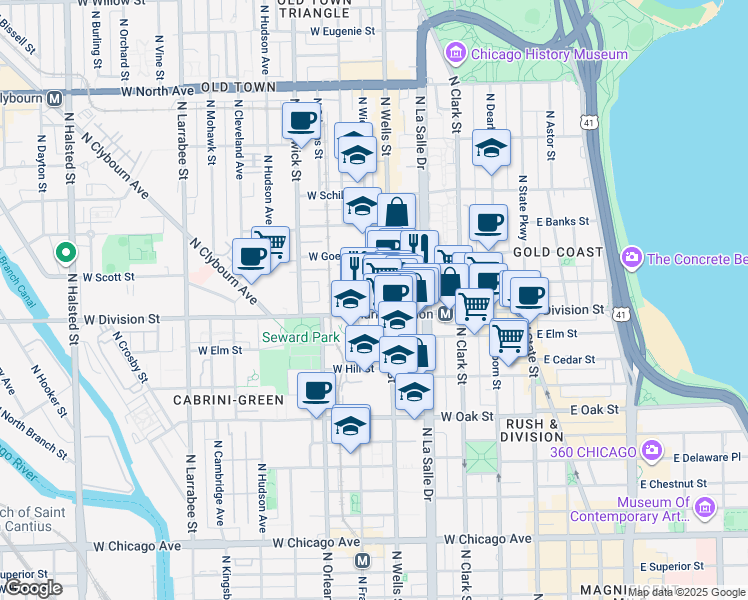 map of restaurants, bars, coffee shops, grocery stores, and more near in Chicago