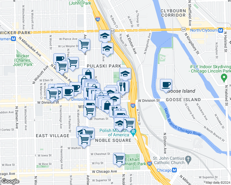 map of restaurants, bars, coffee shops, grocery stores, and more near 1216 North Noble Street in Chicago