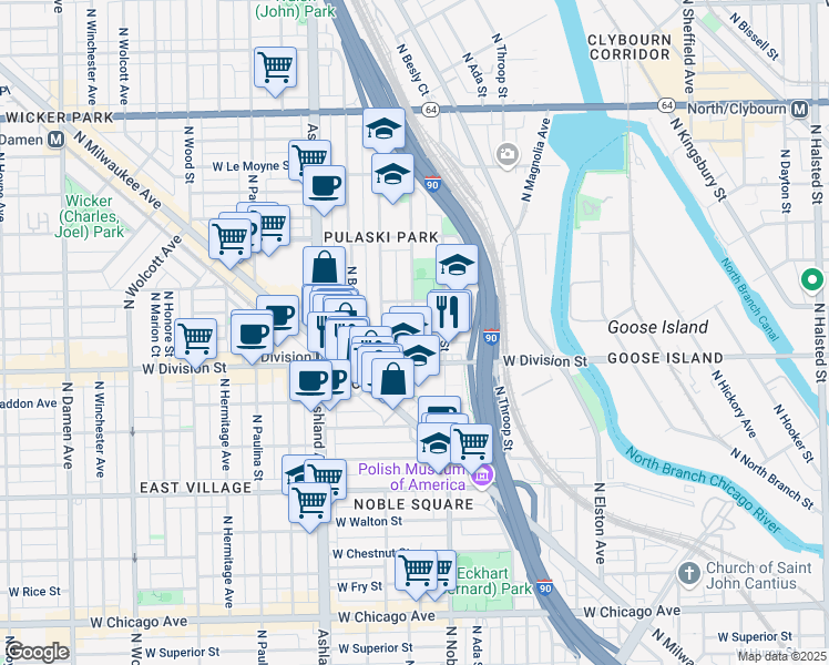 map of restaurants, bars, coffee shops, grocery stores, and more near 1217 North Greenview Avenue in Chicago