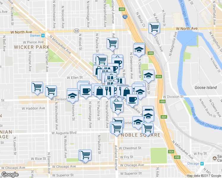 map of restaurants, bars, coffee shops, grocery stores, and more near 1209 North Milwaukee Avenue in Chicago