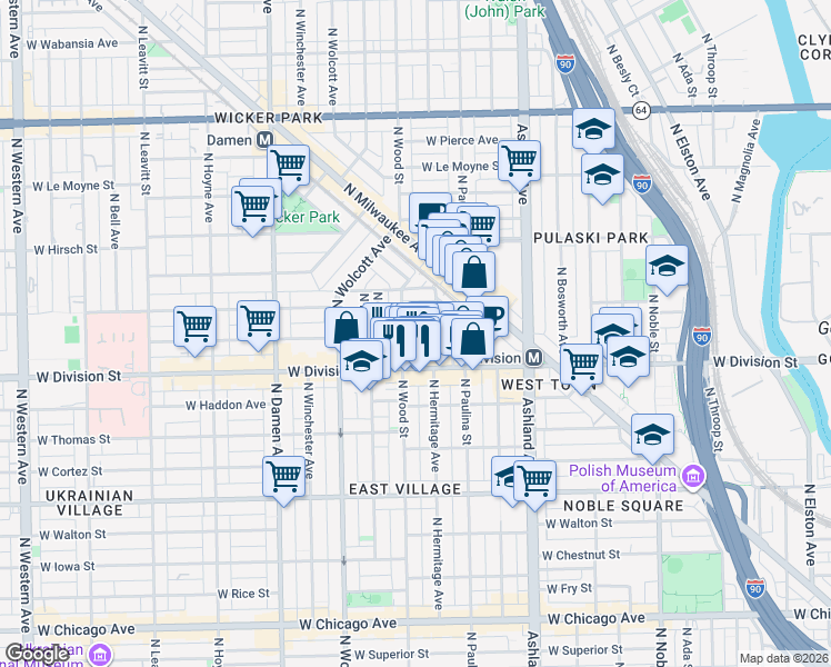 map of restaurants, bars, coffee shops, grocery stores, and more near 1753 West Crystal Street in Chicago