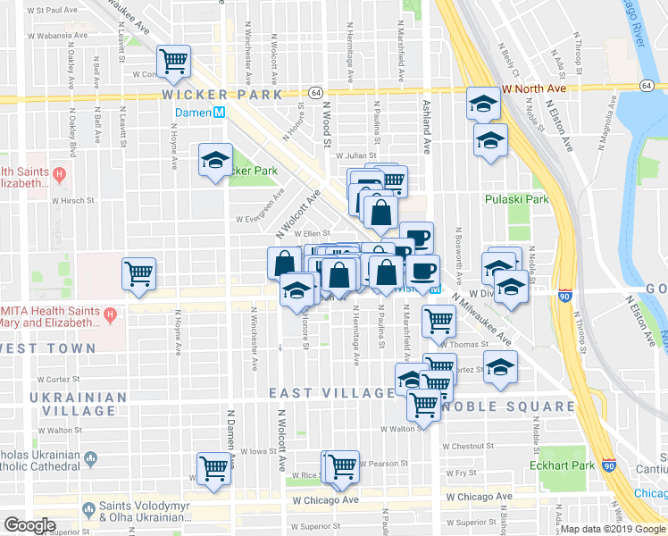 map of restaurants, bars, coffee shops, grocery stores, and more near in Chicago