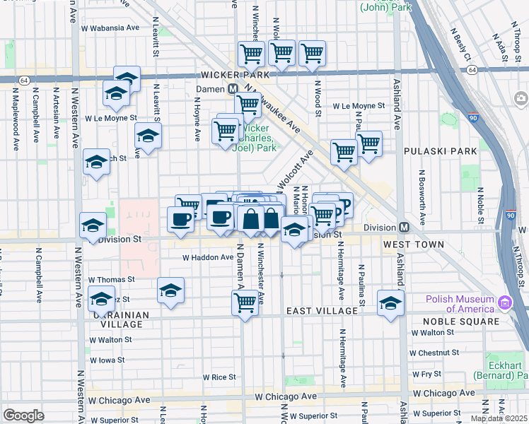 map of restaurants, bars, coffee shops, grocery stores, and more near 1943 West Crystal Street in Chicago
