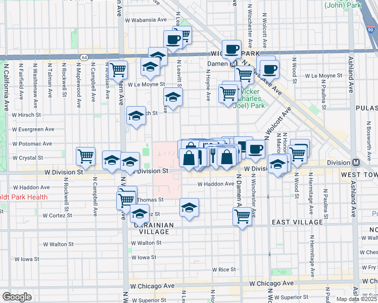 map of restaurants, bars, coffee shops, grocery stores, and more near 2125 West Crystal Street in Chicago