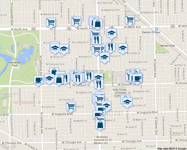 map of restaurants, bars, coffee shops, grocery stores, and more near 1228 North Artesian Avenue in Chicago