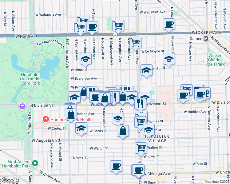 map of restaurants, bars, coffee shops, grocery stores, and more near 1232 North Campbell Avenue in Chicago