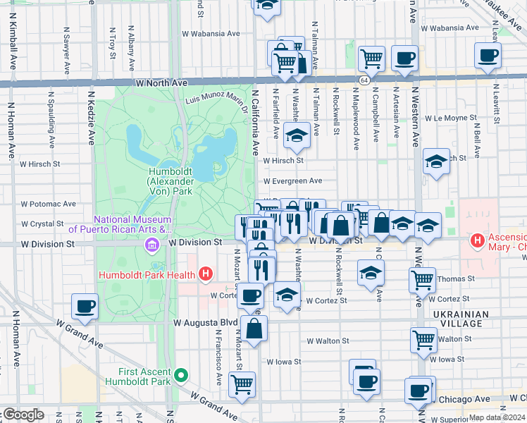 map of restaurants, bars, coffee shops, grocery stores, and more near 1257 North California Avenue in Chicago