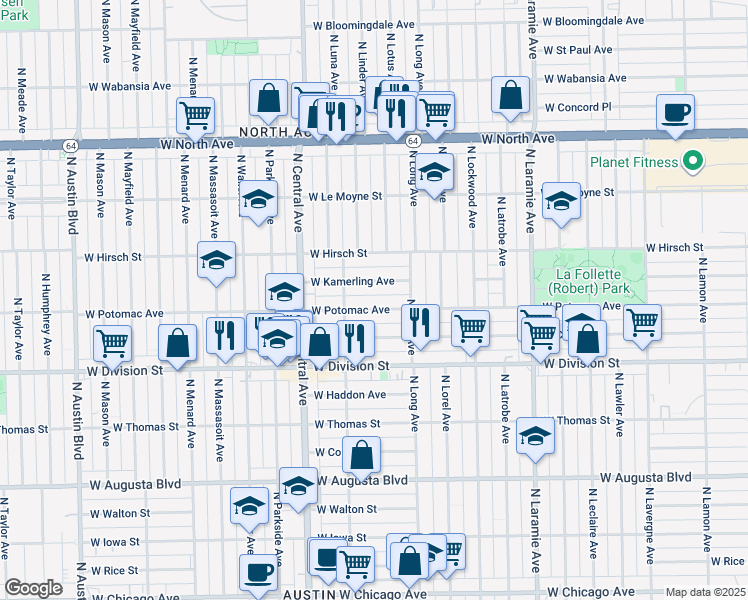 map of restaurants, bars, coffee shops, grocery stores, and more near 5424 West Potomac Avenue in Chicago
