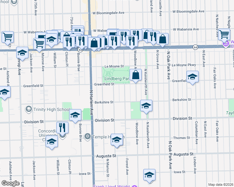 map of restaurants, bars, coffee shops, grocery stores, and more near 1014 Belleforte Avenue in Oak Park