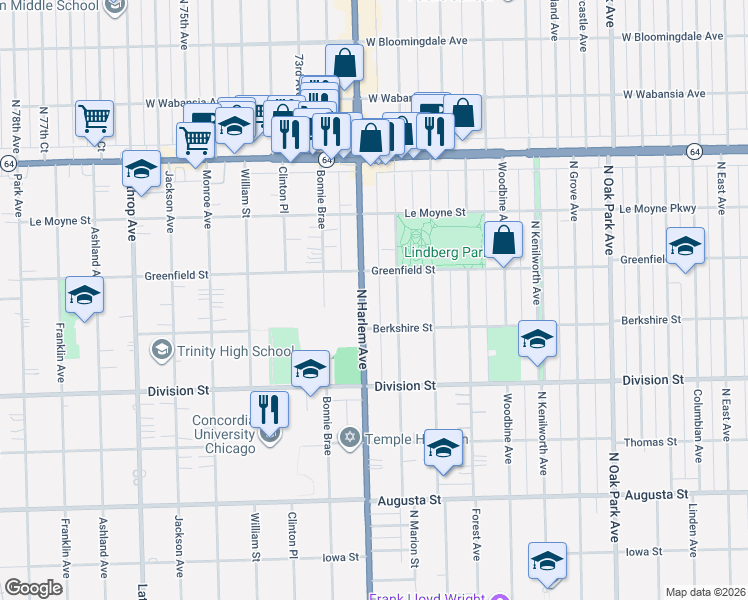map of restaurants, bars, coffee shops, grocery stores, and more near 1311 North Harlem Avenue in Oak Park