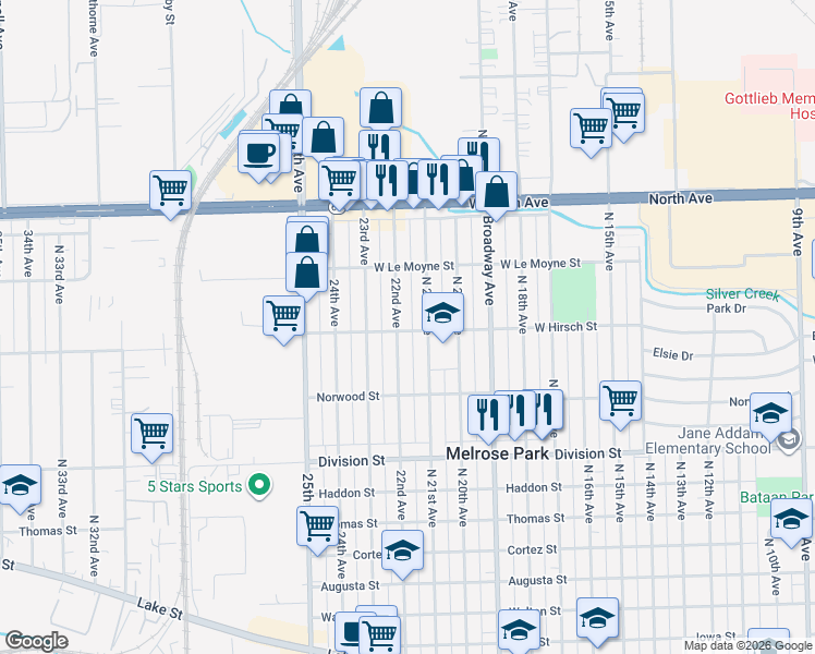 map of restaurants, bars, coffee shops, grocery stores, and more near 1648 North 22nd Avenue in Melrose Park