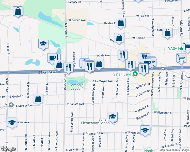map of restaurants, bars, coffee shops, grocery stores, and more near 532 East Le Moyne Avenue in Lombard