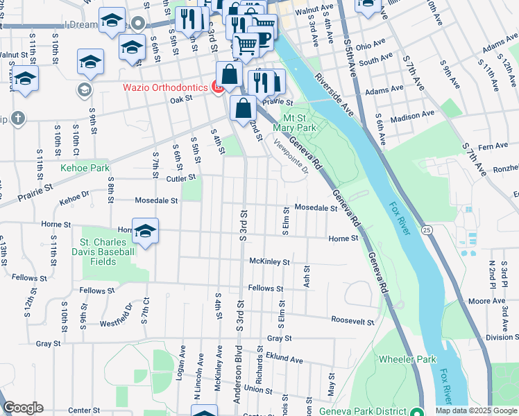 map of restaurants, bars, coffee shops, grocery stores, and more near 1010 South 3rd Street in St. Charles
