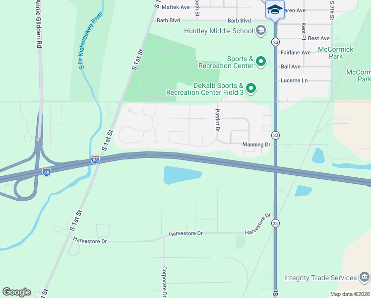 map of restaurants, bars, coffee shops, grocery stores, and more near 232 North Bridge Road in DeKalb