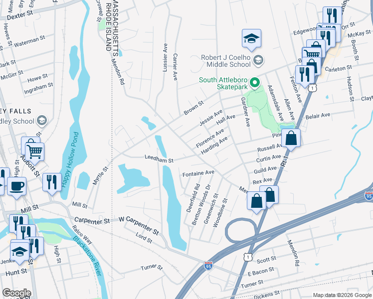 map of restaurants, bars, coffee shops, grocery stores, and more near in Attleboro