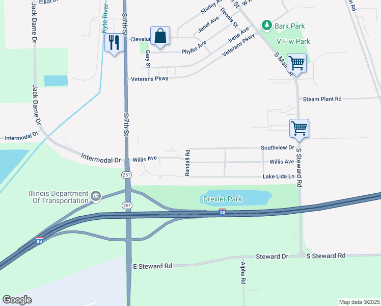 map of restaurants, bars, coffee shops, grocery stores, and more near 329 Willis Avenue in Rochelle