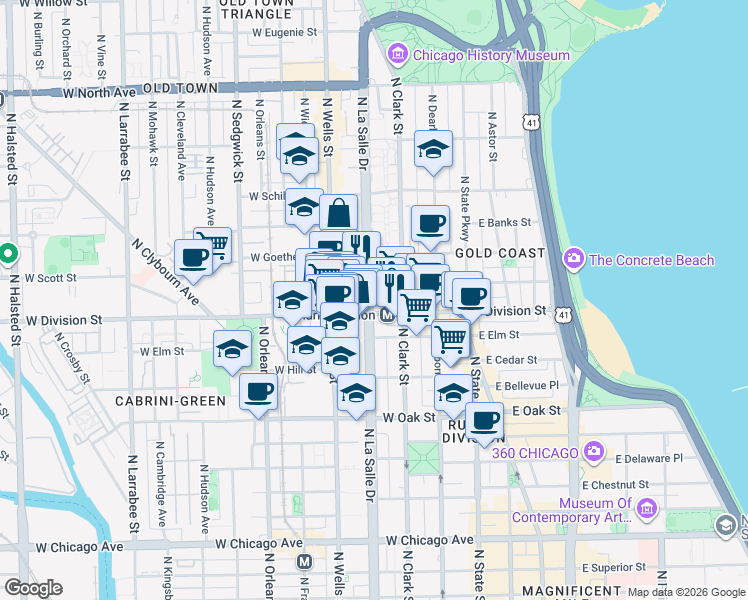 map of restaurants, bars, coffee shops, grocery stores, and more near 1211 North LaSalle Street in Chicago
