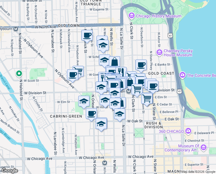 map of restaurants, bars, coffee shops, grocery stores, and more near 1212 North Wells Street in Chicago