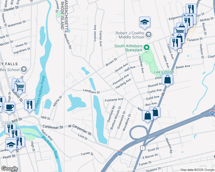map of restaurants, bars, coffee shops, grocery stores, and more near in Attleboro