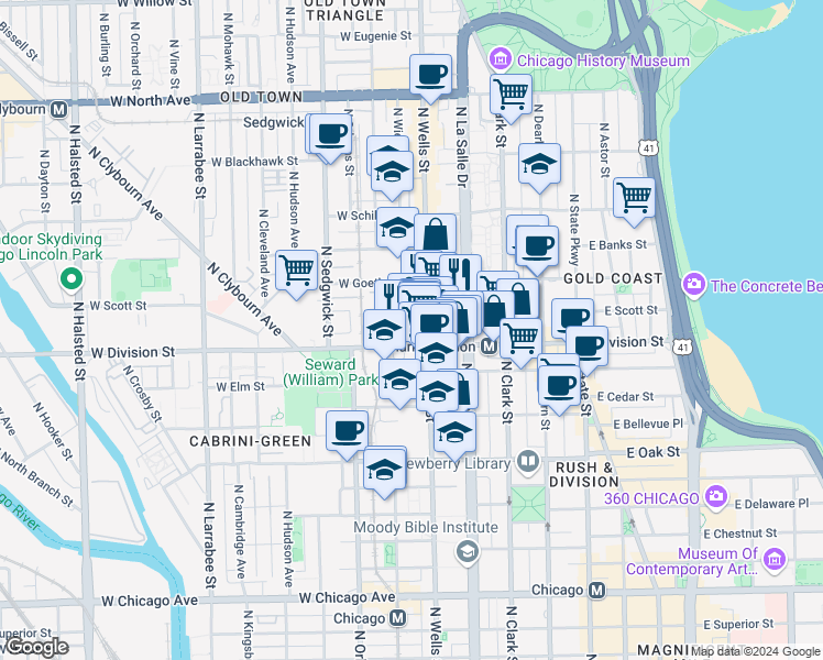 map of restaurants, bars, coffee shops, grocery stores, and more near 1201 North Wells Street in Chicago