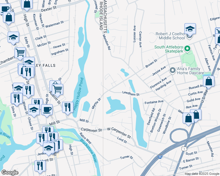 map of restaurants, bars, coffee shops, grocery stores, and more near 415 Brown Street in Attleboro