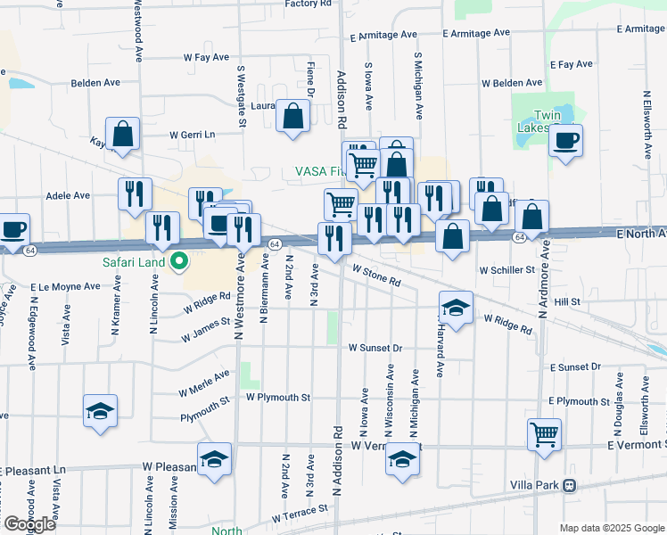map of restaurants, bars, coffee shops, grocery stores, and more near 735A North Addison Road in Villa Park