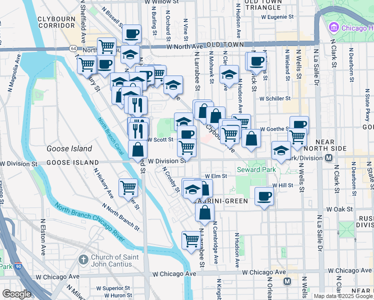 map of restaurants, bars, coffee shops, grocery stores, and more near 1200 North Larrabee Street in Chicago