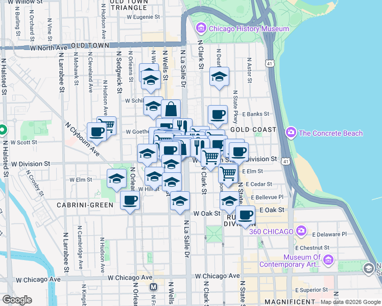 map of restaurants, bars, coffee shops, grocery stores, and more near 1211 North La Salle Drive in Chicago