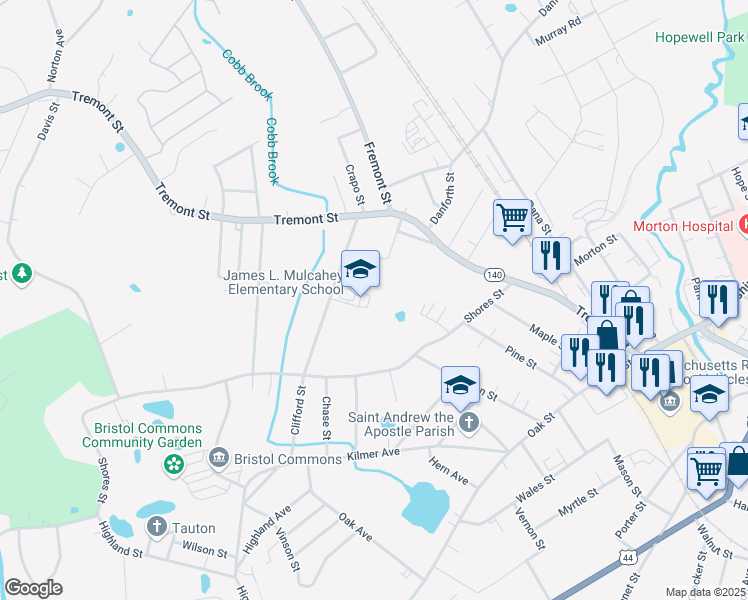 map of restaurants, bars, coffee shops, grocery stores, and more near 24 Clifford Street in Taunton