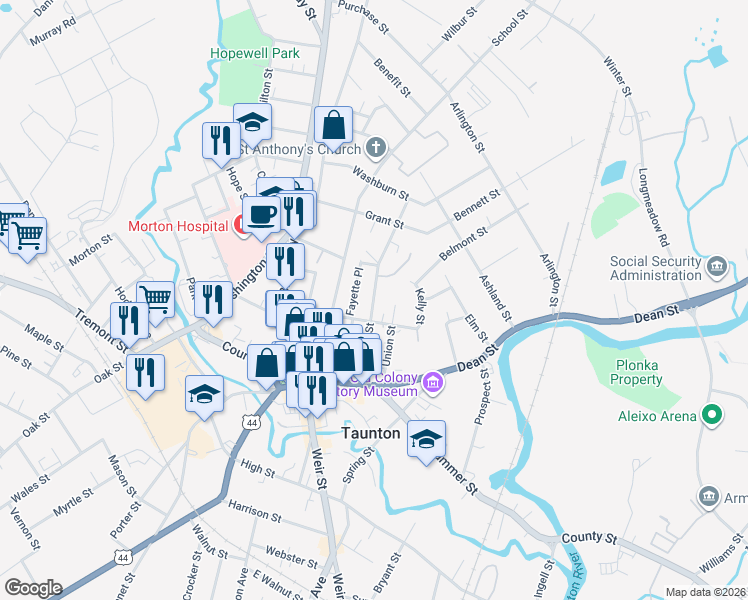 map of restaurants, bars, coffee shops, grocery stores, and more near Cedar Street in Taunton