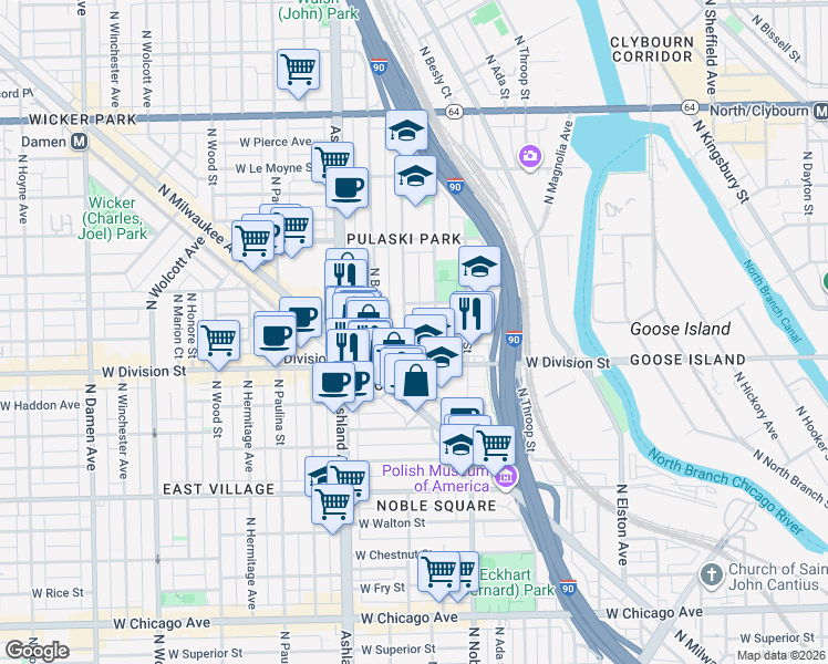 map of restaurants, bars, coffee shops, grocery stores, and more near 1217 North Greenview Avenue in Chicago