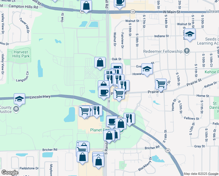 map of restaurants, bars, coffee shops, grocery stores, and more near in St. Charles