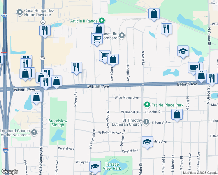 map of restaurants, bars, coffee shops, grocery stores, and more near 201 West North Avenue in Lombard