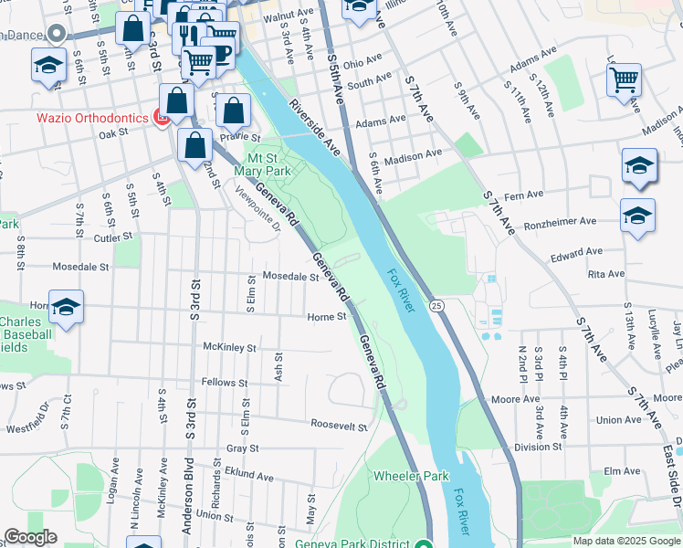 map of restaurants, bars, coffee shops, grocery stores, and more near 1000 Geneva Road in St. Charles